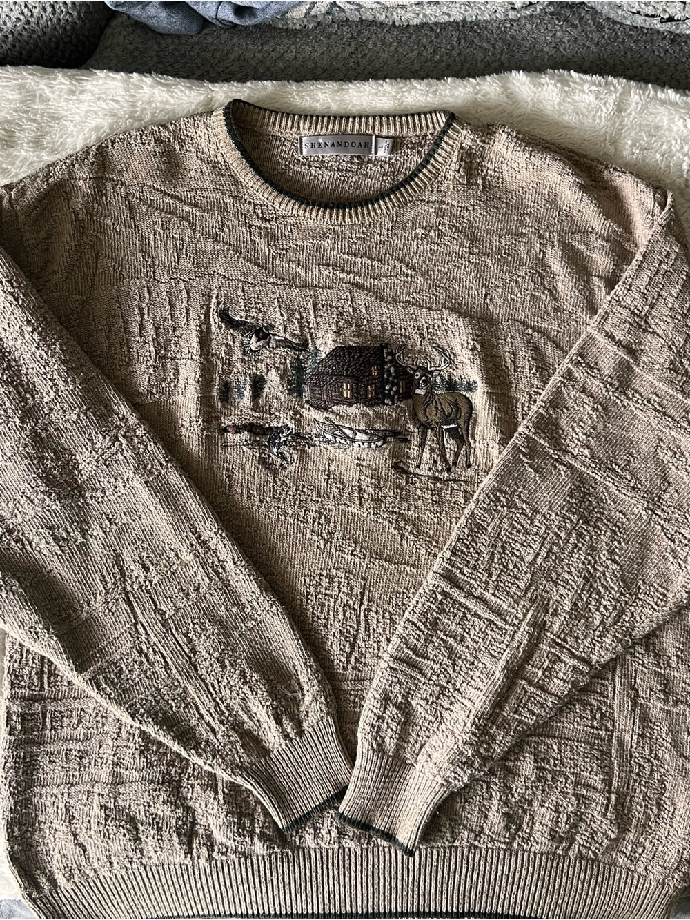 Shenandoah Men’s Taupe Crewneck Cabin Embroidered Sweater